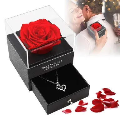 Luxury Rose Flower Jewelry Box with Golden Necklace